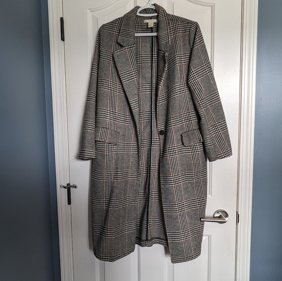 H&M Long Plaid Overcoat - Size 8 - Picture 2 of 6